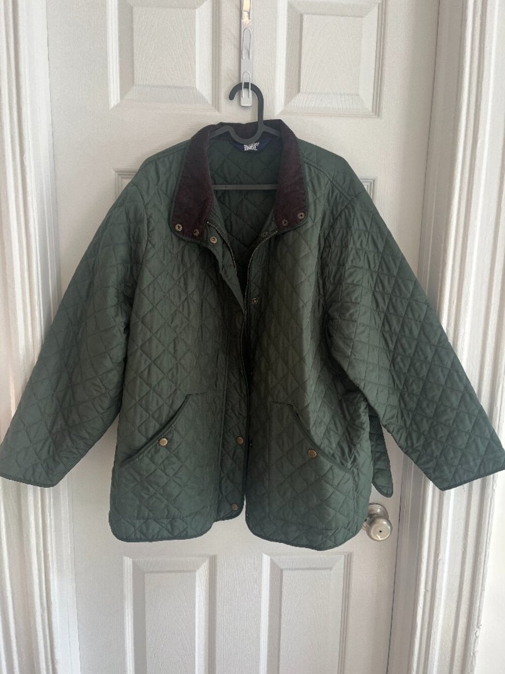 Lands' End Green Quilted Barn Jacket with Corduroy Collar (Approx Size: XL)